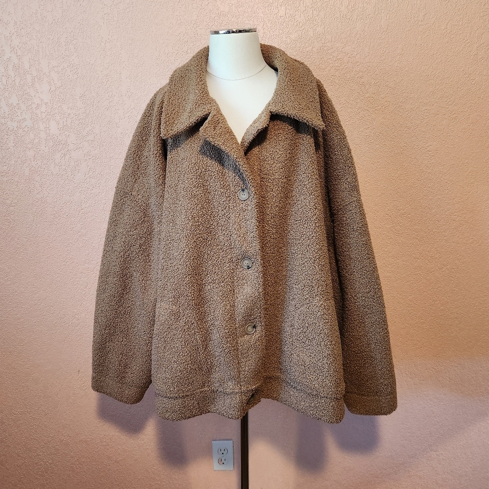 Unisex Tan Boucle Textured Bomber Style Teddy Jacket 7X